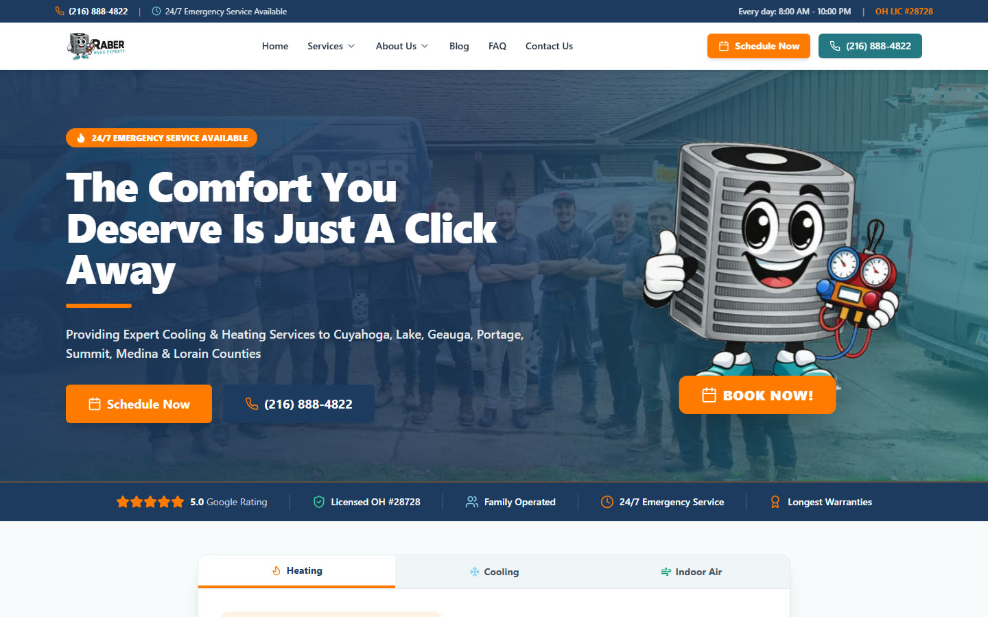 Raber HVAC website rebuild, homepage