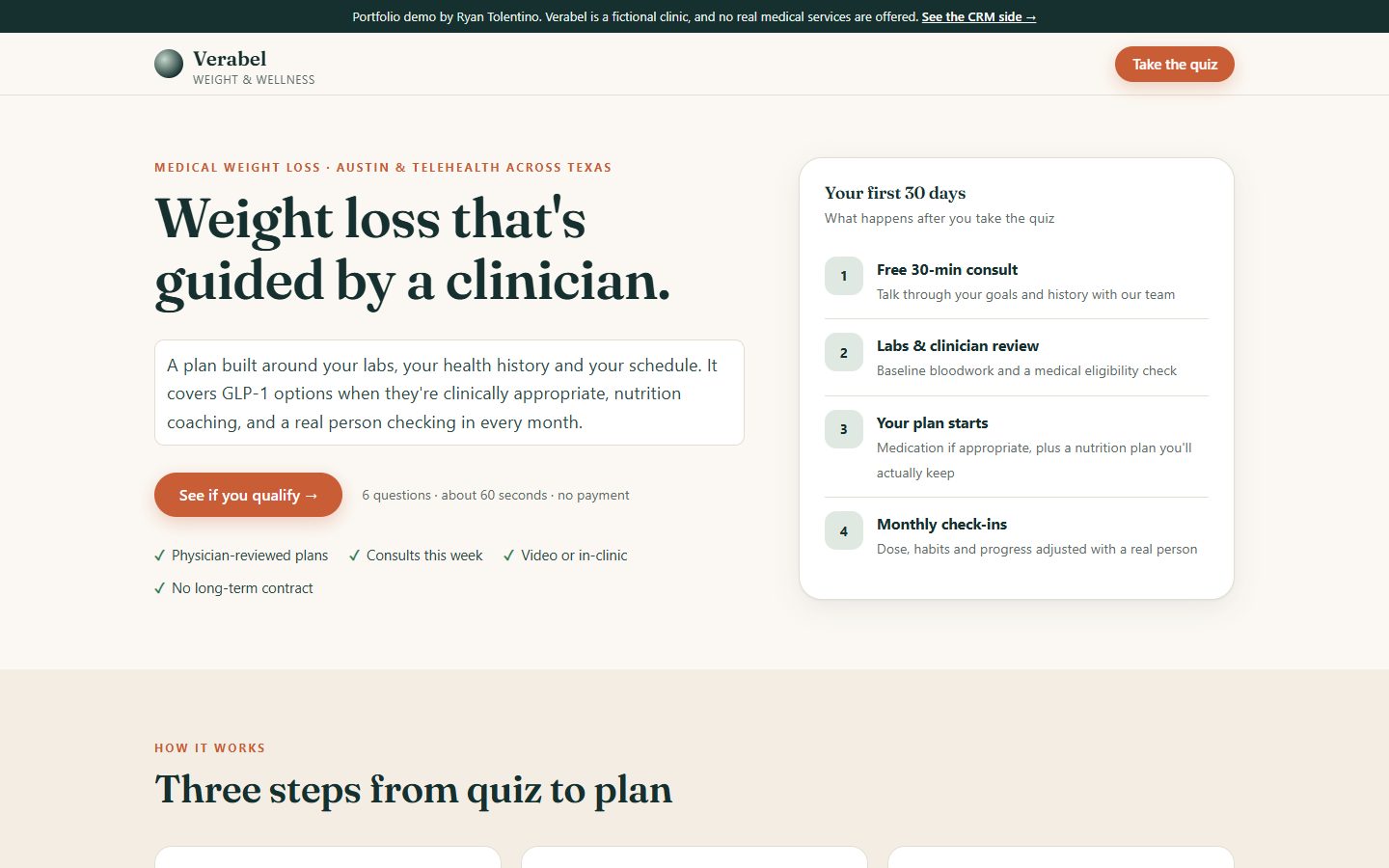 Verabel Weight and Wellness landing page with a 'See if you qualify' quiz button